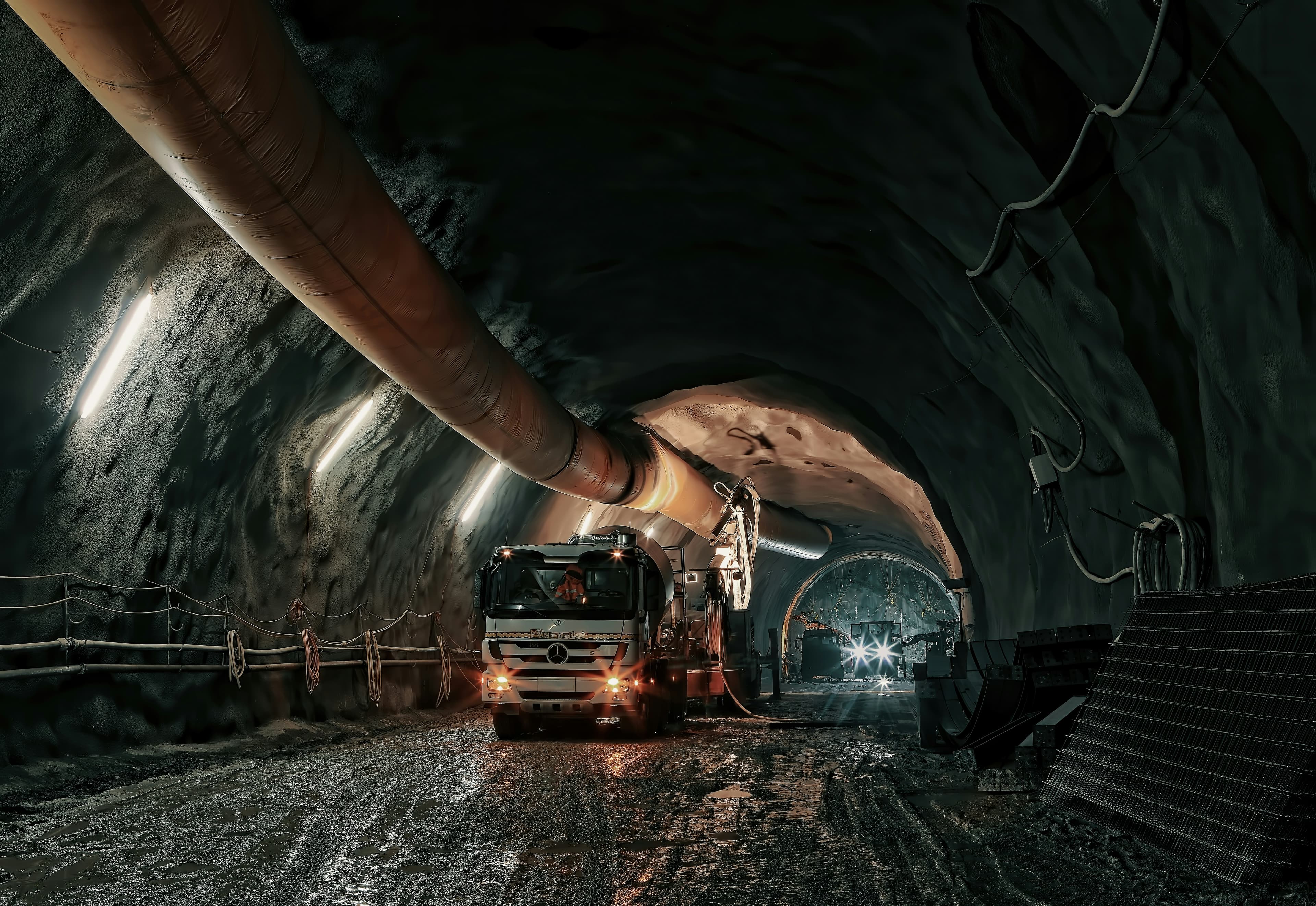 Construction tunnel with heavy machinery
